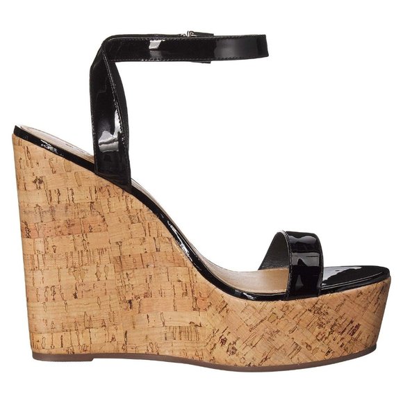 Schutz Eduarda Black Patent Leather Platform Cork Wedge Sandal - Picture 5 of 9
